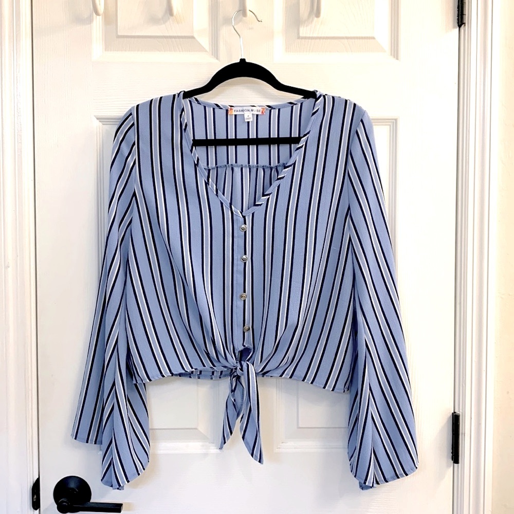 Bell Sleeve Tie Front Top Blue White Stripe Medium